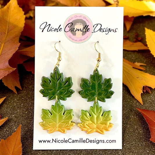 Green & Gold Leaf Dangles Clay Earrings