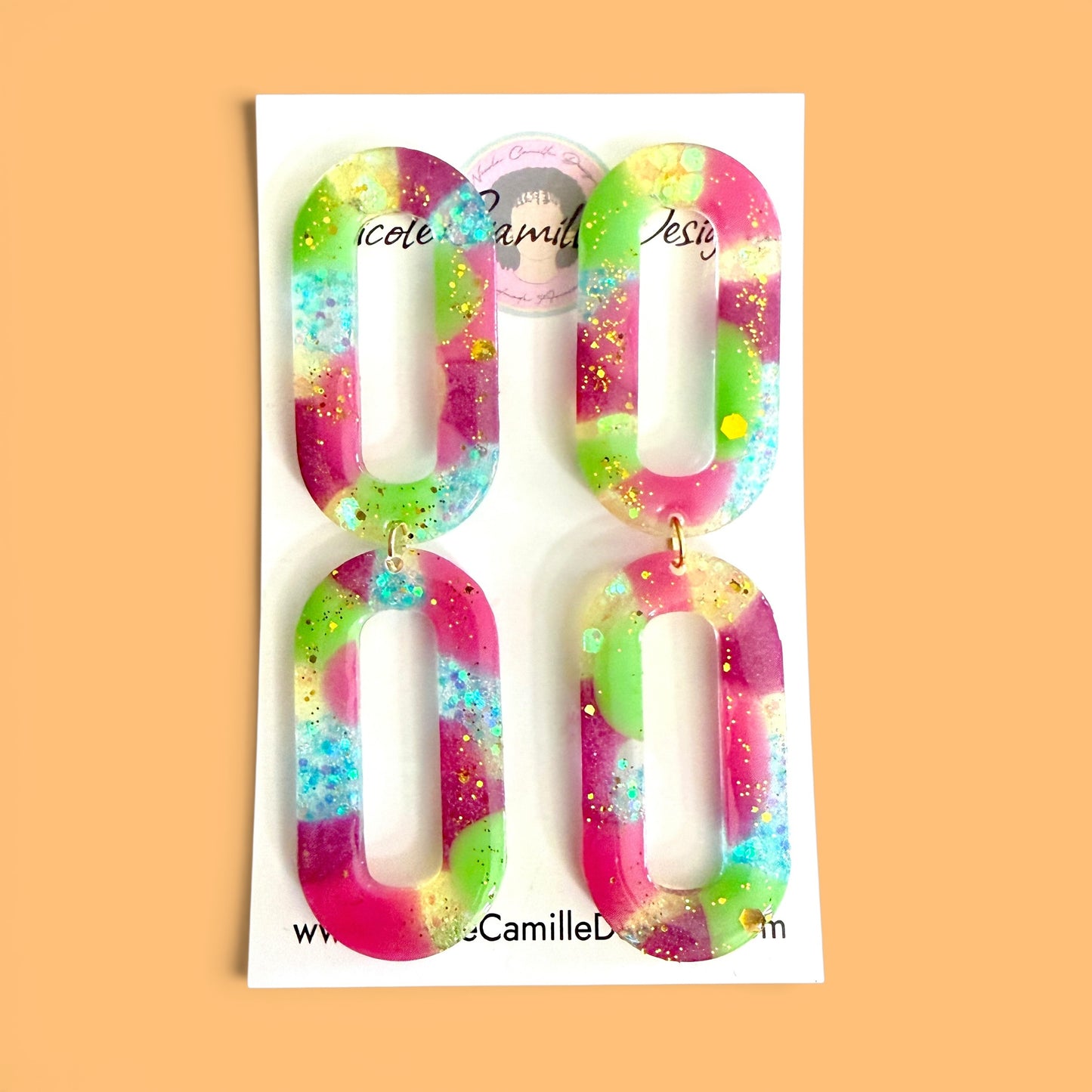Multicolor & Glitter Double Oval Resin Earrings