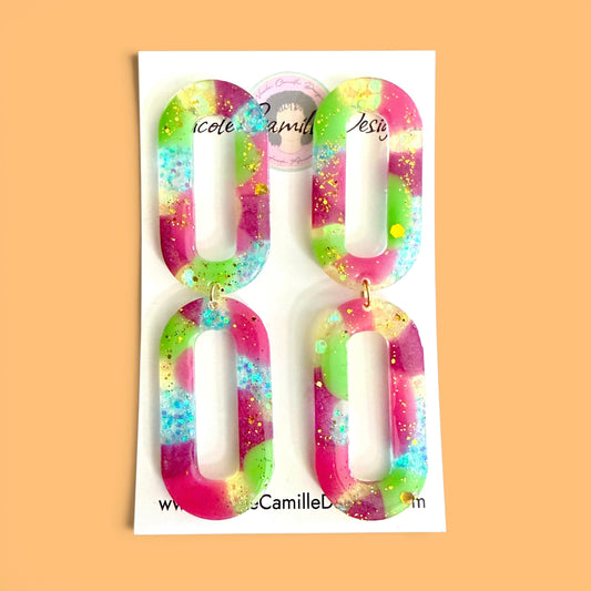 Multicolor & Glitter Double Oval Resin Earrings