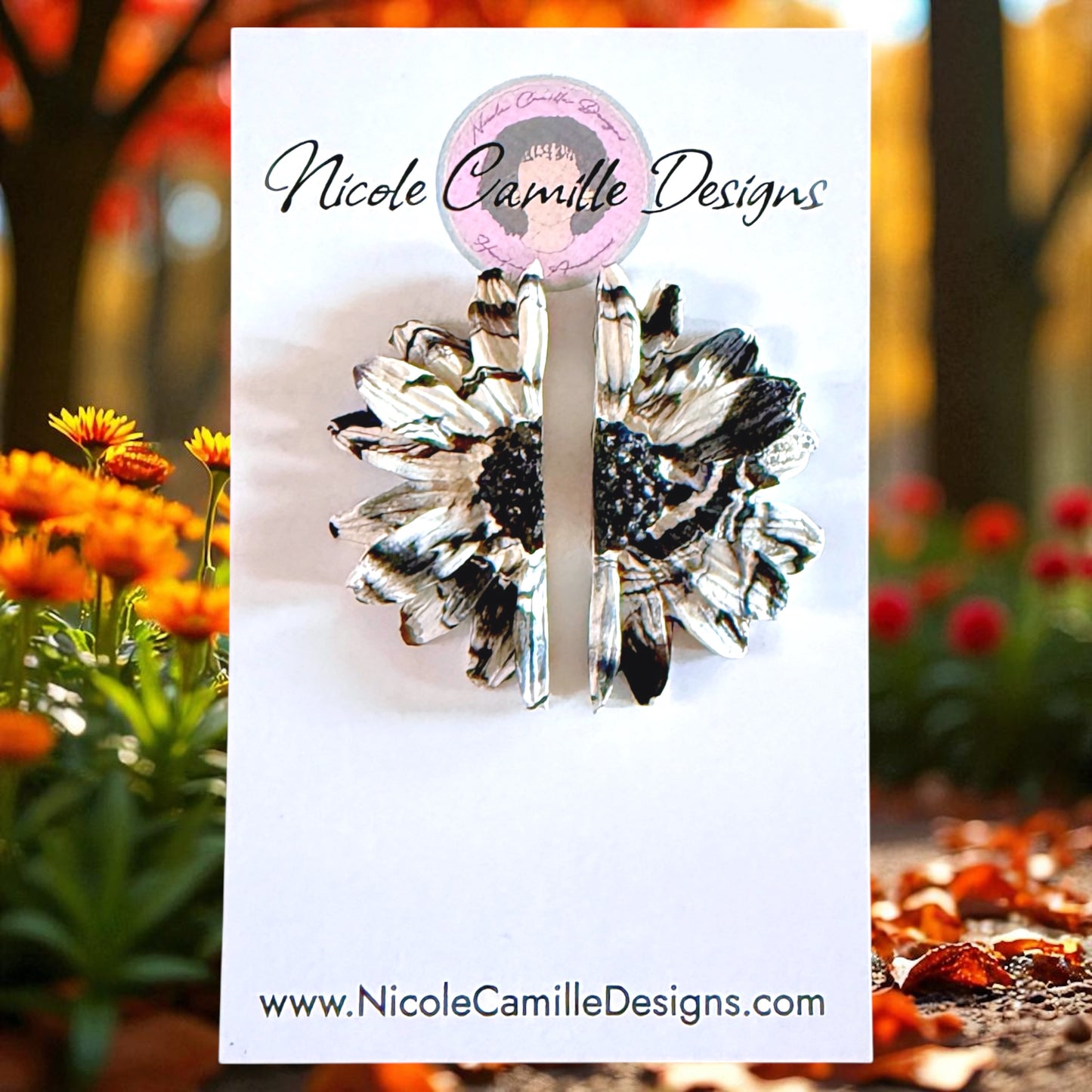 White & Black Half Flower Clay Earrings