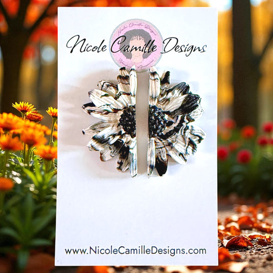 White & Black Half Flower Clay Earrings