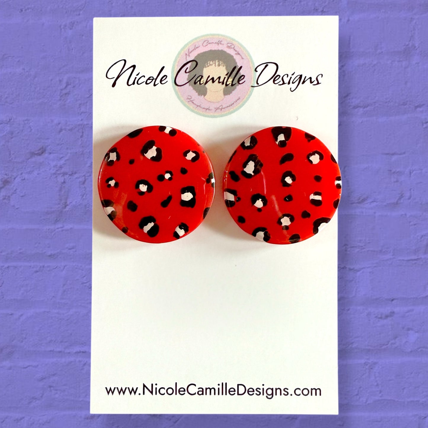 Red & White Leopard Large Studs Resin Earrings