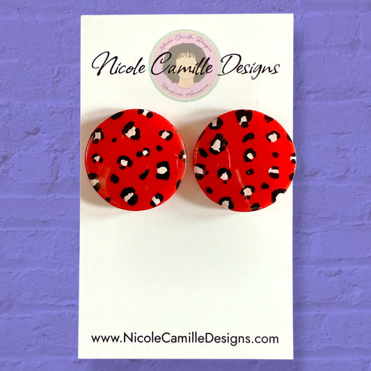 Red & White Leopard Large Studs Resin Earrings