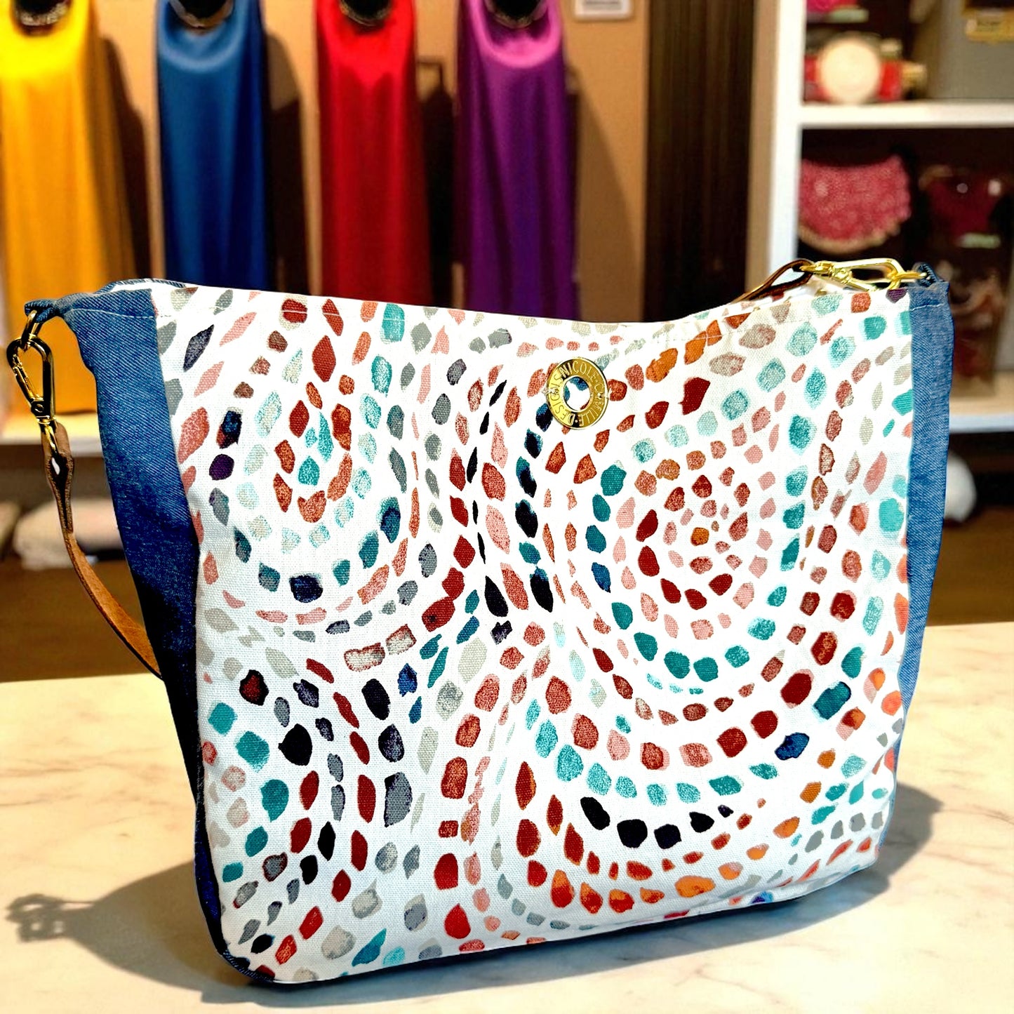 Whimsical Print & Denim Shoulder Bag