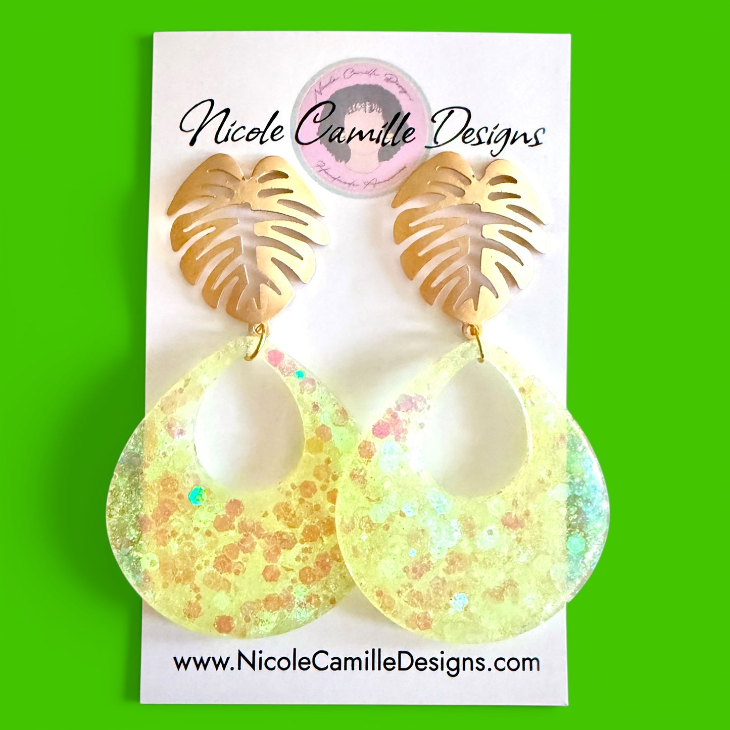 Yellow Glitter Teardrop & Monstera Resin Earrings