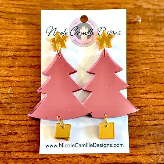 Pink Xmas Tree Mirror Acrylic Earrings