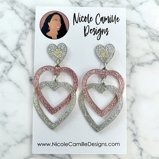 Pink & Silver Glittery Linked Hearts Acrylic Earrings