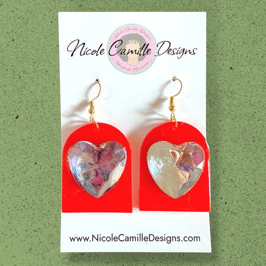Red & Silver Gem Heart Resin Earrings