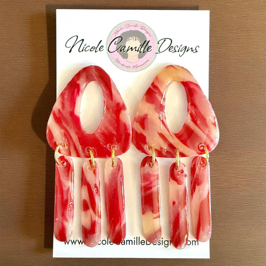 Red Swirl Triangle Dangle Clay Earrings