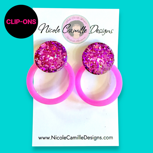 Fuschia Gliiter & Pink Round Resin Clip-on Earrings