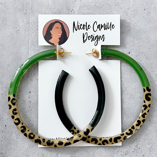 Olive & Leopard Print Jumbo Hoops Resin Earrings