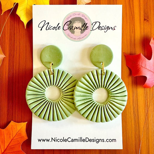 Sage Lined Circle Clay Earrings