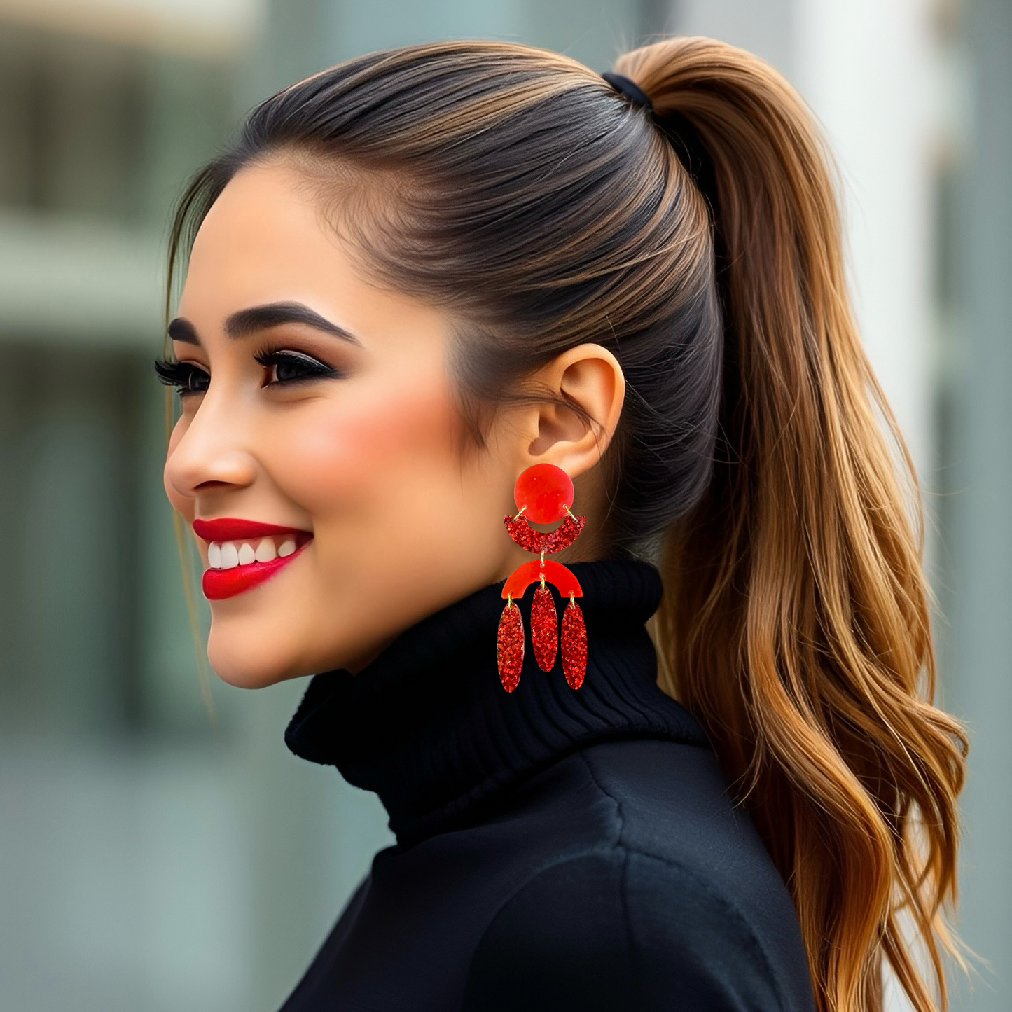 Red Glitter Geo Dangle Resin Earrings