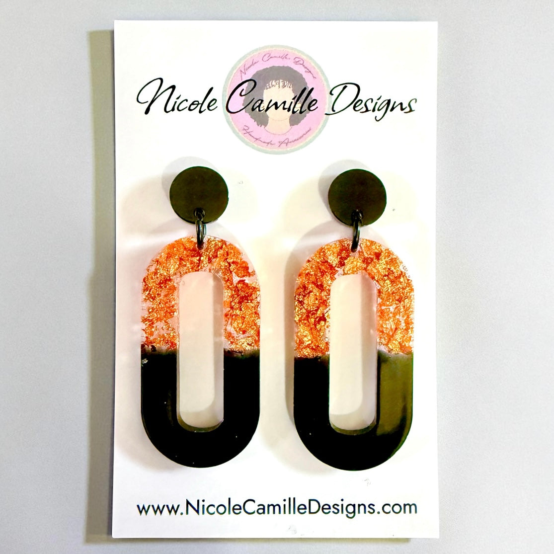 Black & Rose Gold Oval Resin Earrings