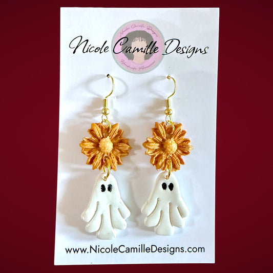 Dark Gold Flower & Ghost Dangles Clay Earrings