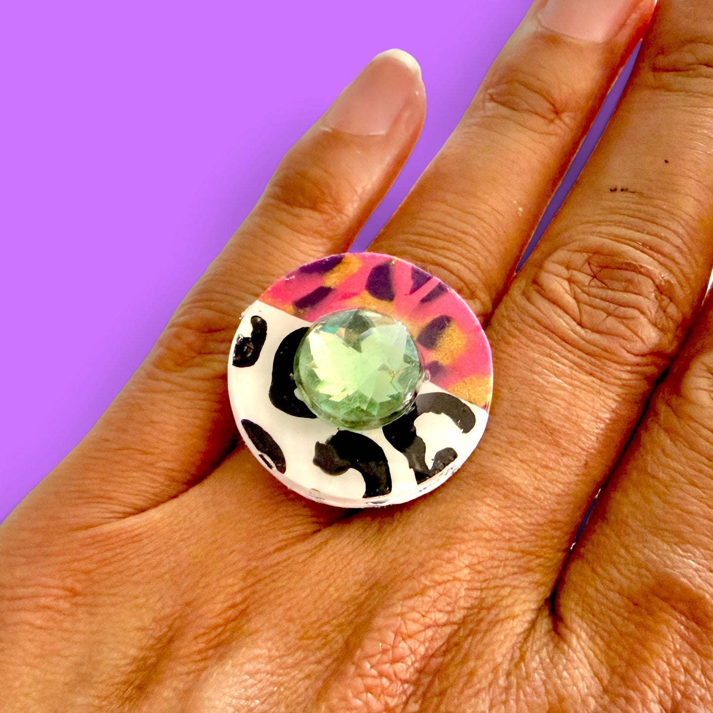 Mixed Print Jeweled Adjustable Clay Ring 3
