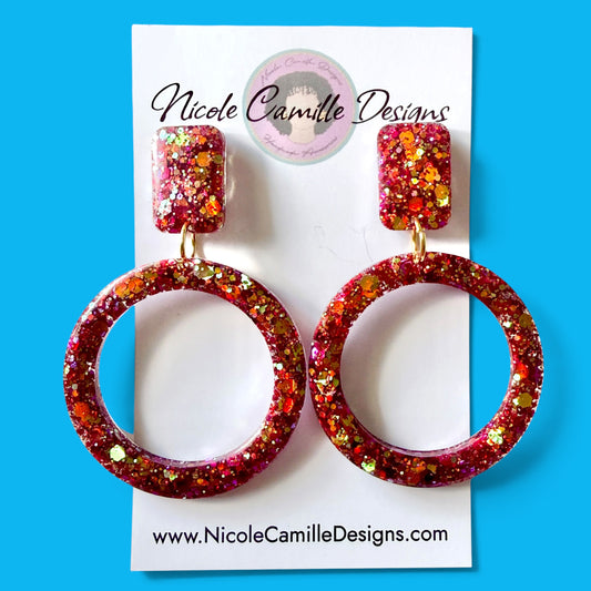 Deep Red Glitter Hoop Resin Earrings