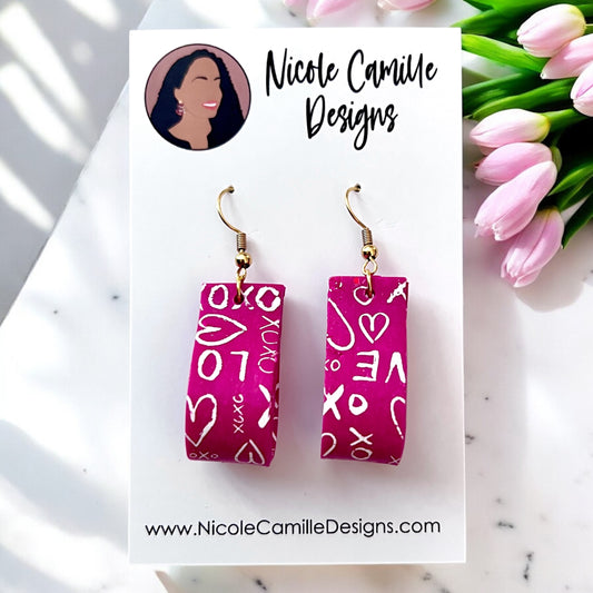 Fuschia VDay Scribble Dangle Clay Earrings