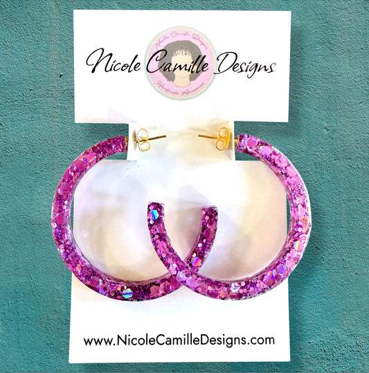 Fuschia Glitter Hoop Resin Earrings