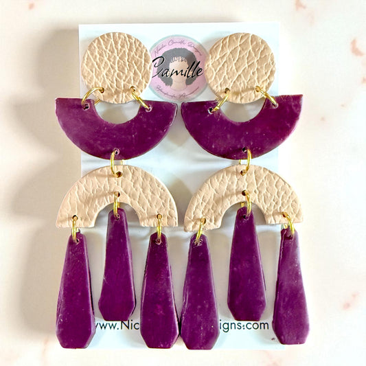 Plum & Beige Geo Dangle Clay Earrings