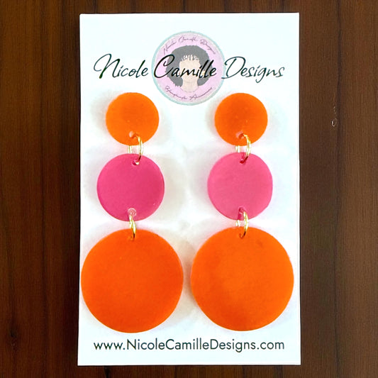 Orange & Fuschia 3-Disc Resin Earrings