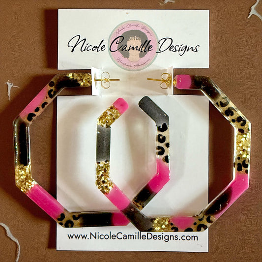 Fuschia & Black Mix Glittery Geo Hoops Resin Earrings