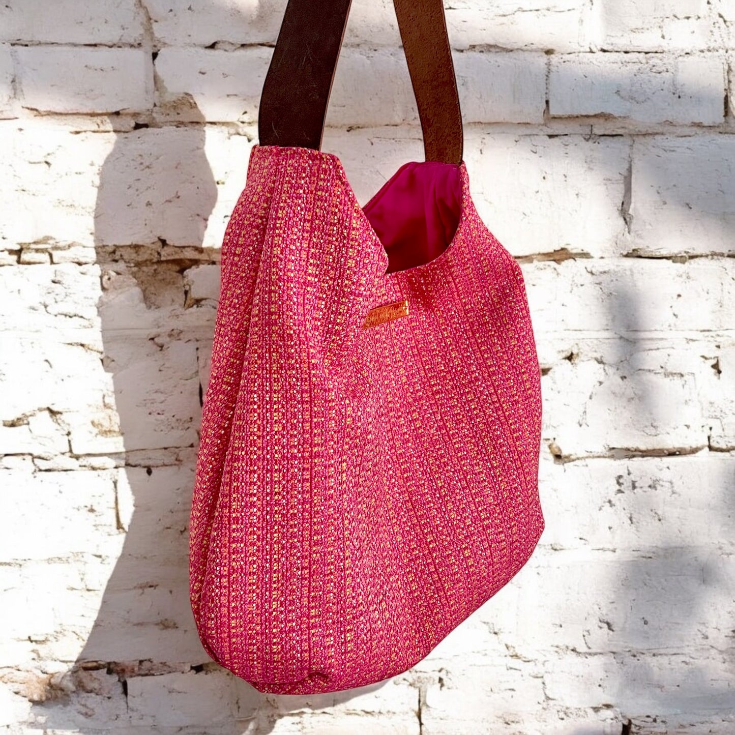 Pink Woven Cloth Shoulder Bag