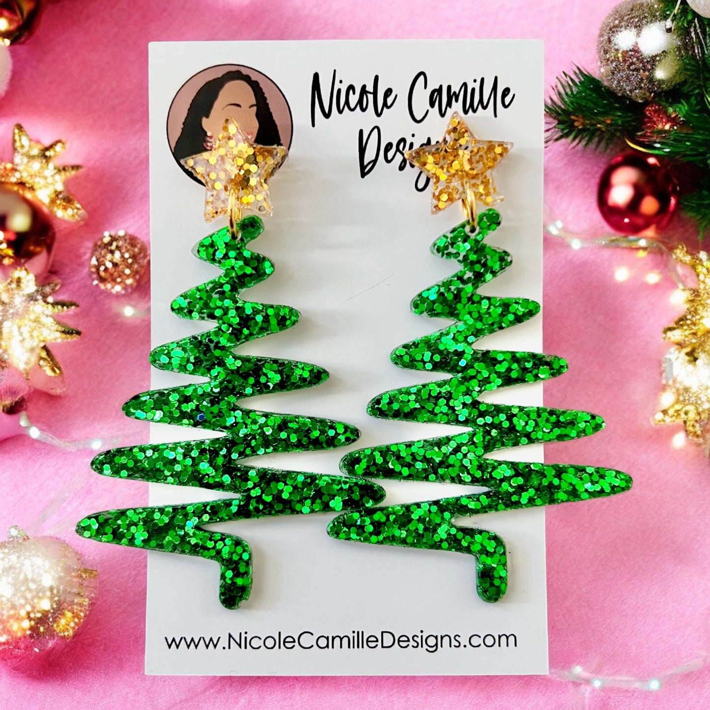 Green Whimsical Xmas Tree Glitter Resin Earrings