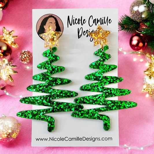 Green Whimsical Xmas Tree Glitter Resin Earrings