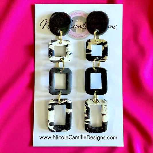 B&W Geometric Dangles Clay Earrings