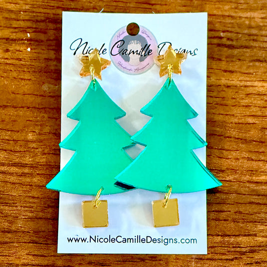 Teal Xmas Tree Mirror Acrylic Earrings