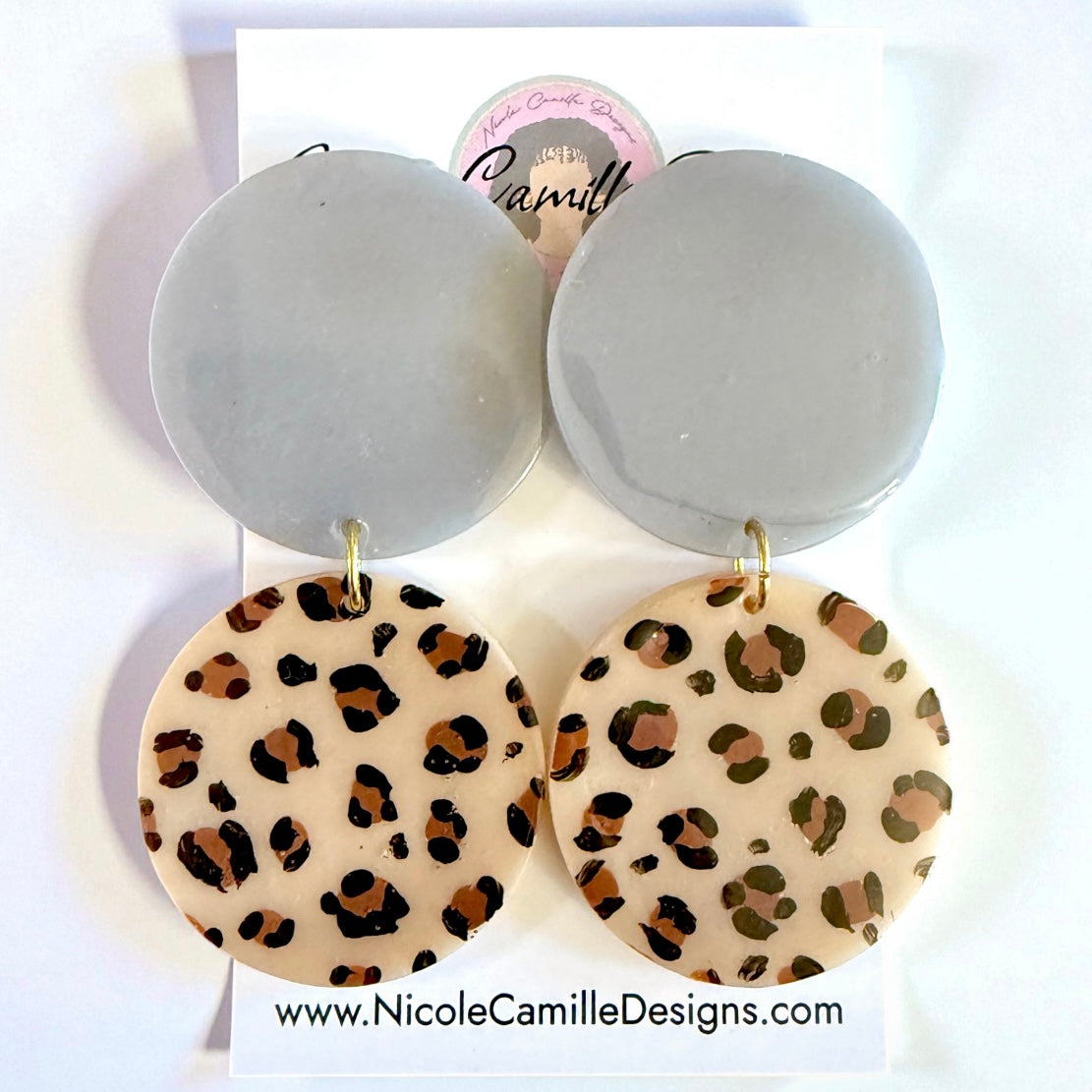 Gray & Leopard Double Disc Resin Earrings