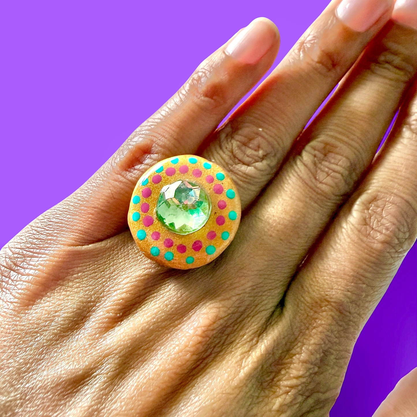 Gold Jeweled Clay Adjustable Ring 3