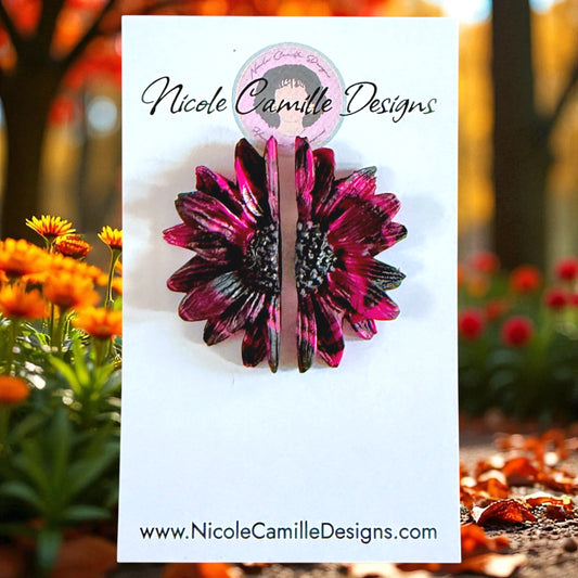 Fuschia & Black Half Flower Clay Earrings