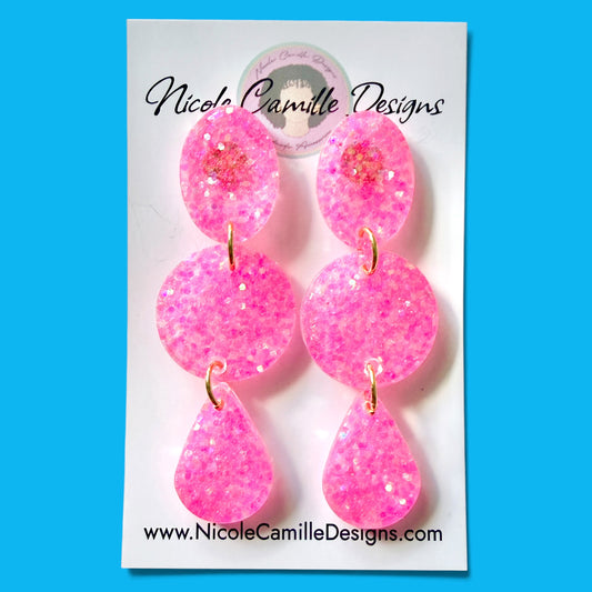 Hot Pink Glitter Geometric Resin Earrings