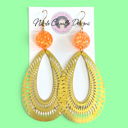 Brass Boho Teardrop & Orange Resin Earrings