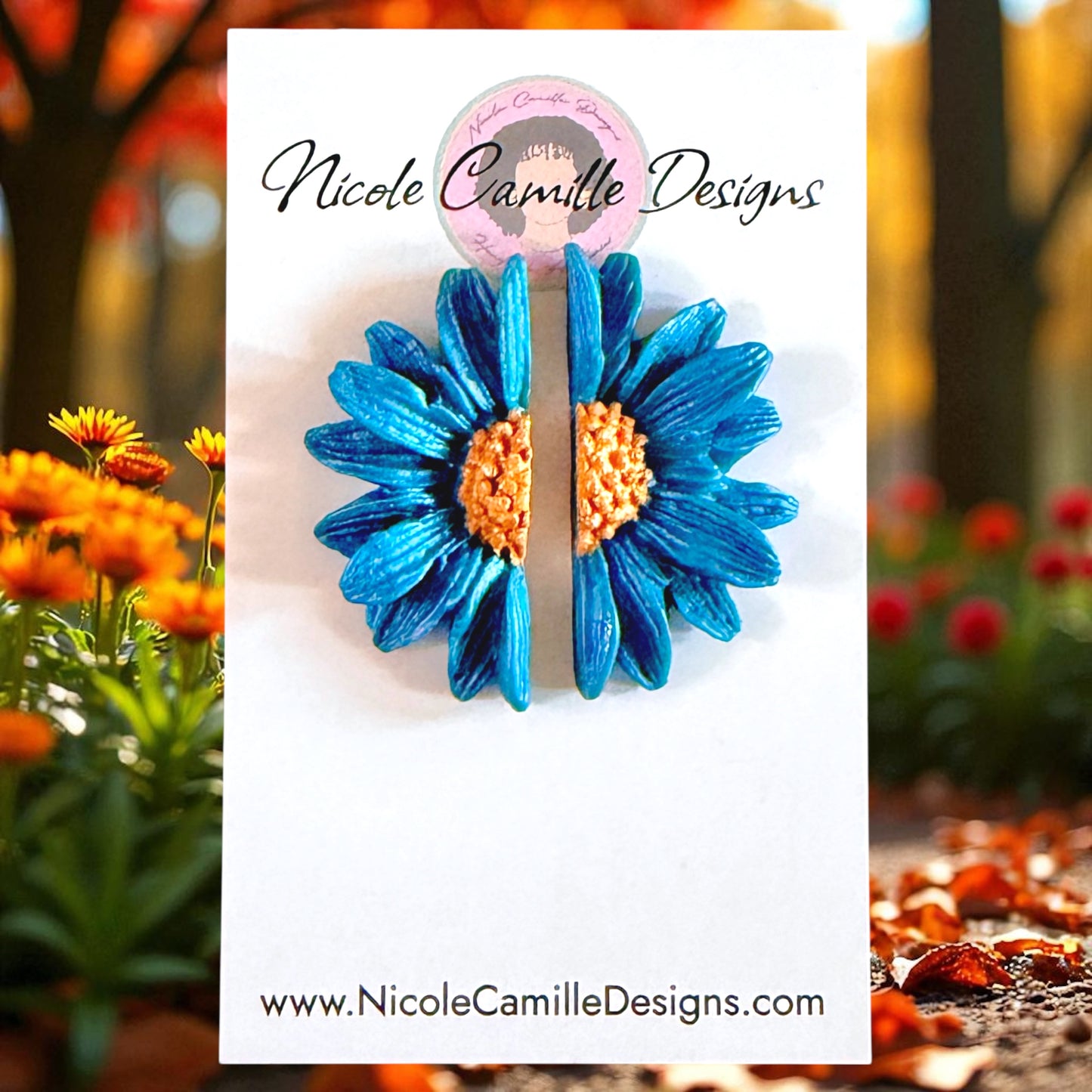 Teal Half Flower Clay Earrings