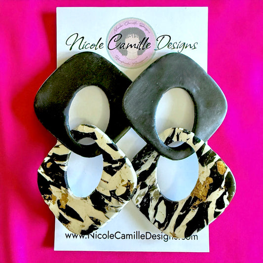 B&W Organic Diamond Links Clay Earrings