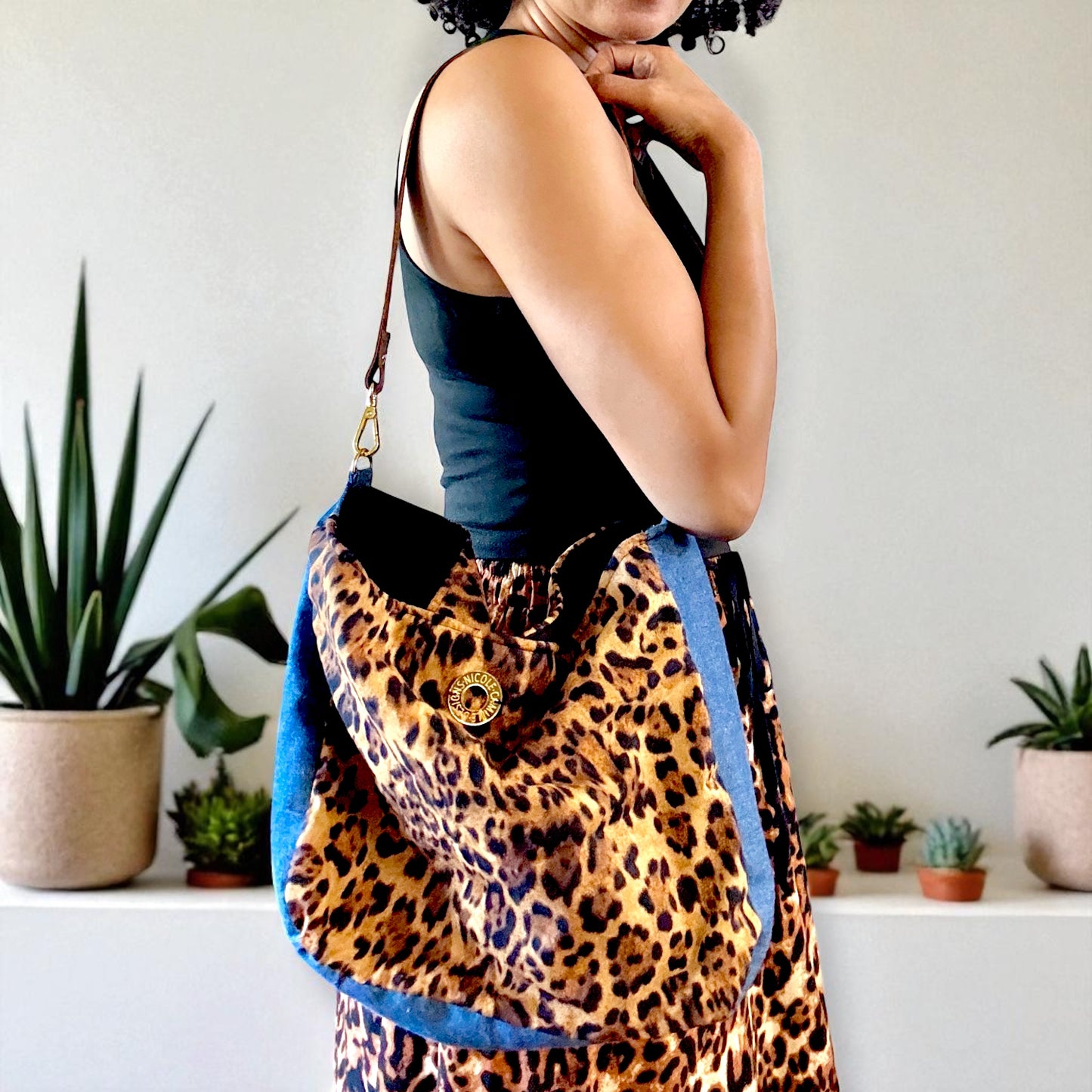 Leopard Print & Denim Shoulder Bag