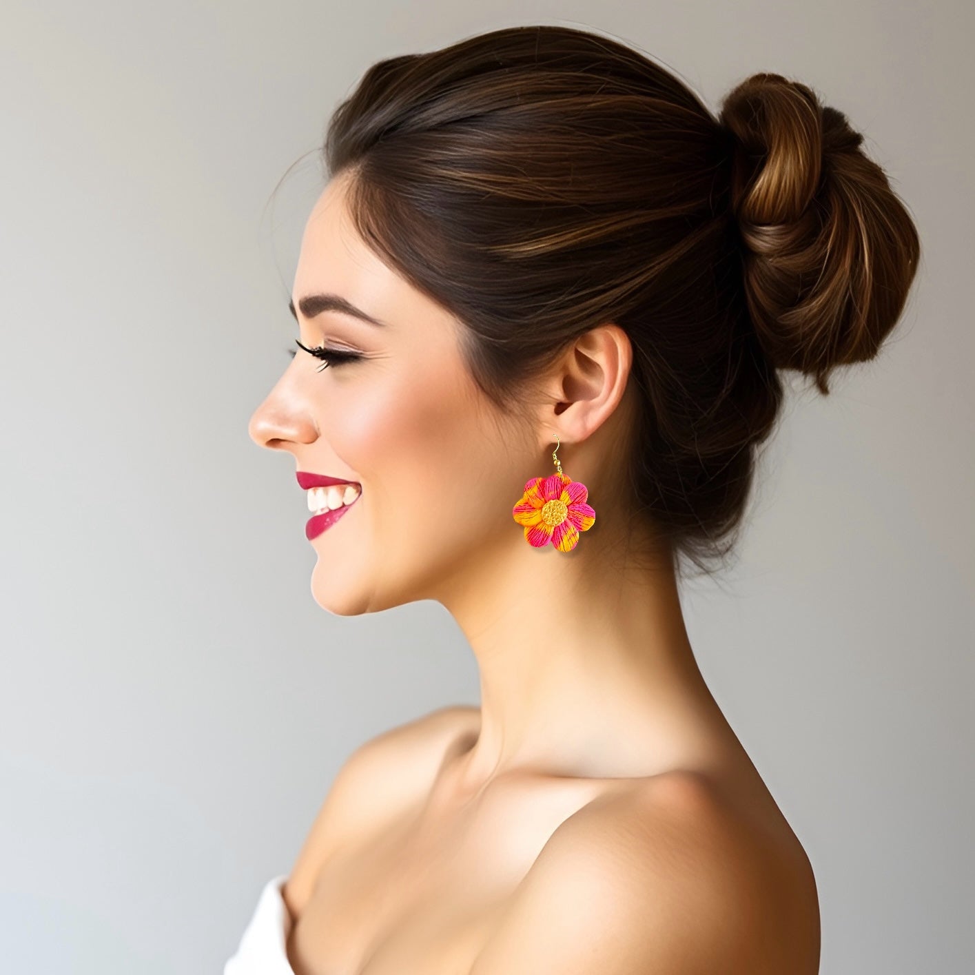 Hot Pink & Yellow Flower Dangles Clay Earrings