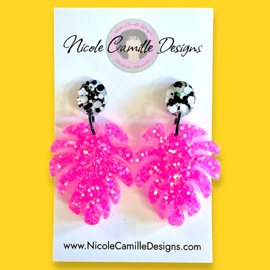 Hot Pink Mix Glitter Monstera Resin Earrings