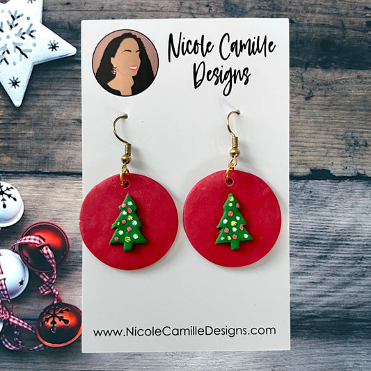 Red Xmas Tree Clay Earrings