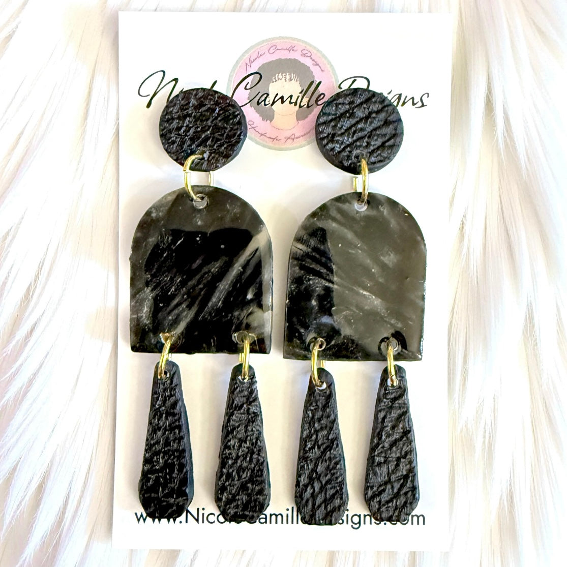 Black Marble & Leather Arch Dangle Clay Earrings