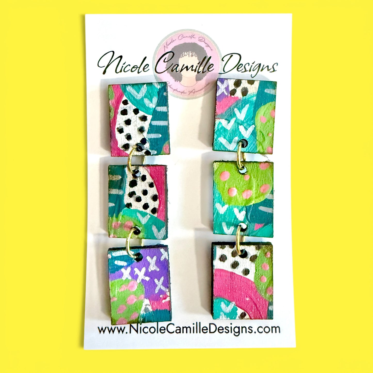 Abstract Print Rectangle Dangle Wood Earrings