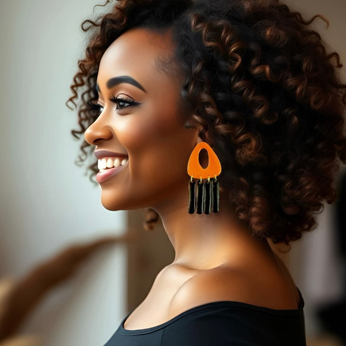 Orange & Black Triangle Dangle Clay Earrings