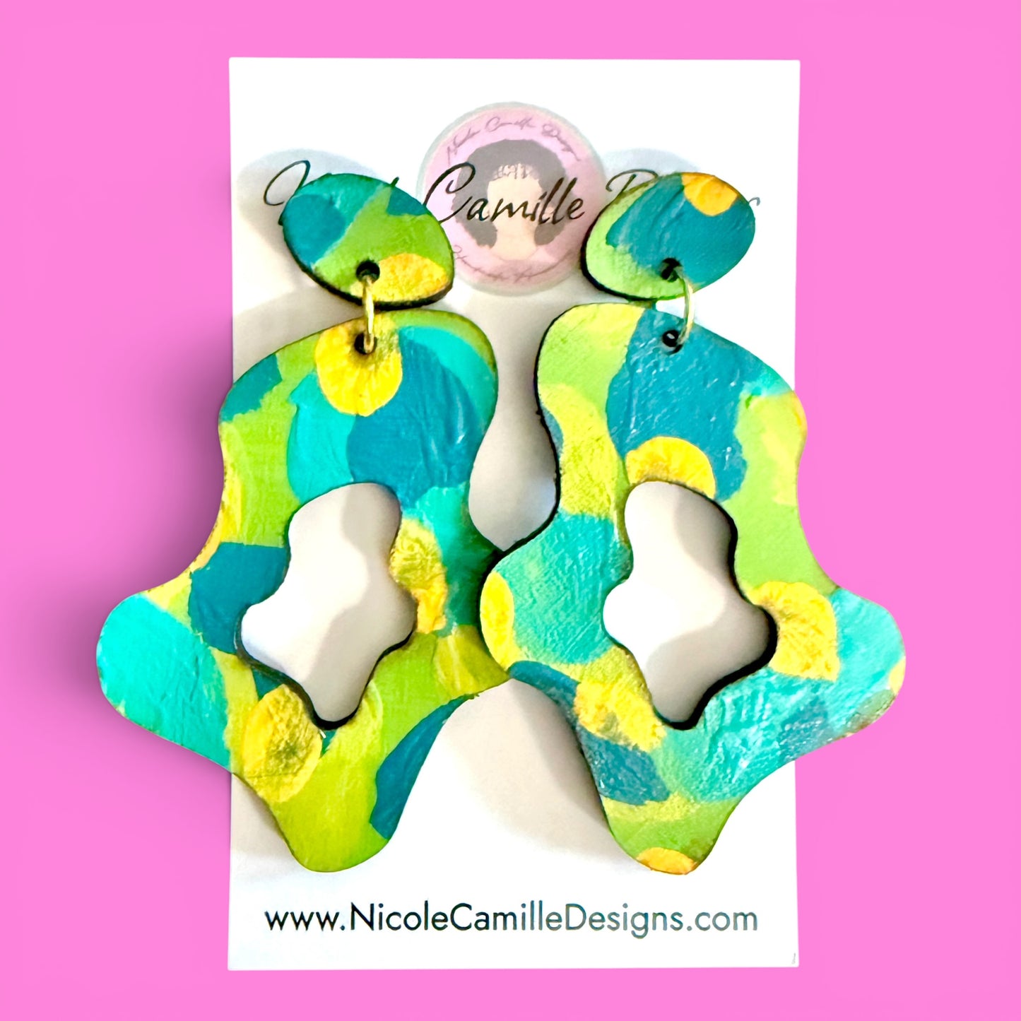 Lime & Turquoise Abstract Wood Earrings