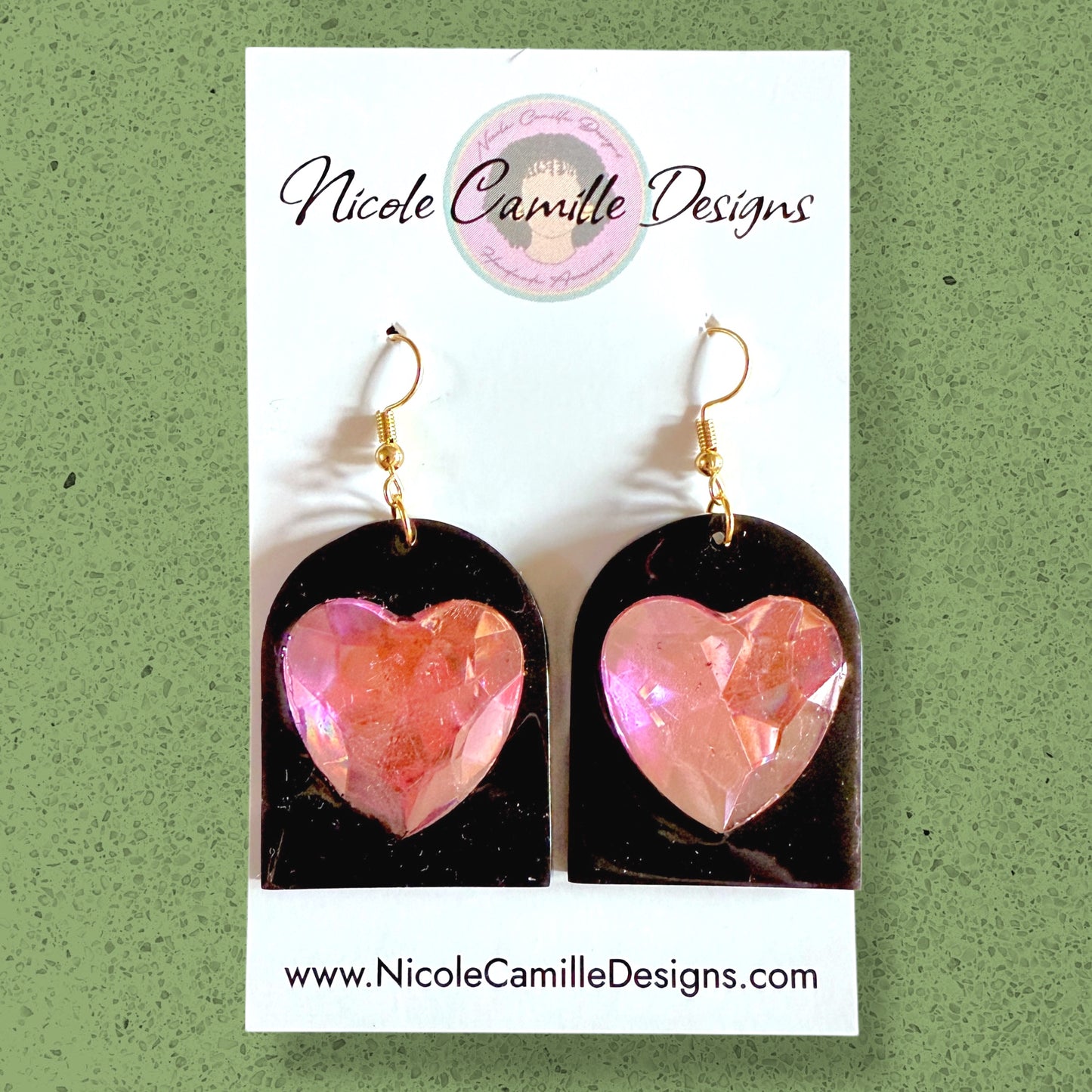 Black & Pink Gem Heart Resin Earrings