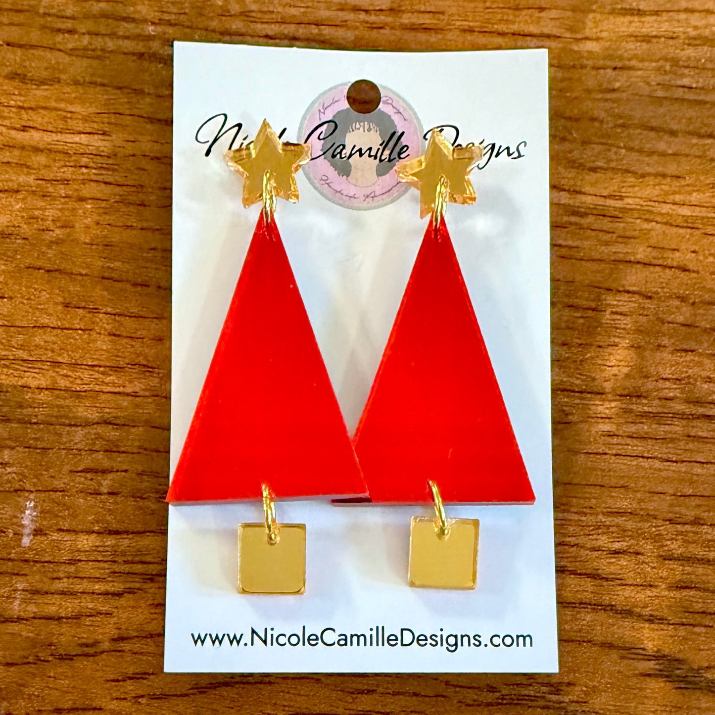 Red Geo Xmas Tree Mirror Acrylic Earrings
