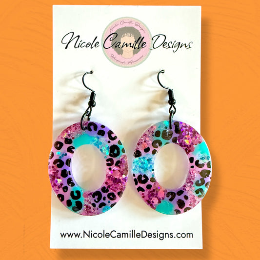 Purple/Teal/Pink Leopard Oval Resin Earrings