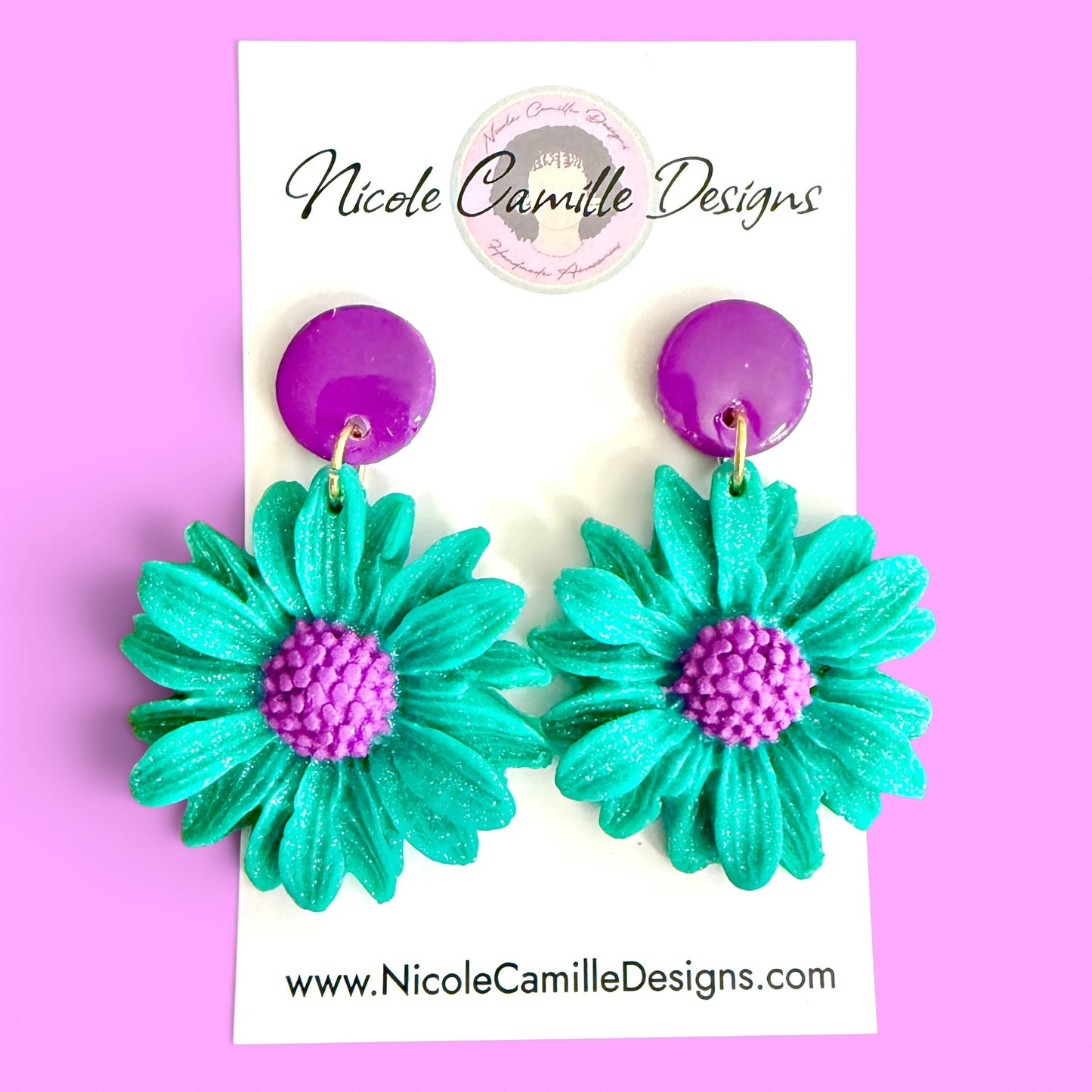 Teal & Purple Flower Clay Earrings